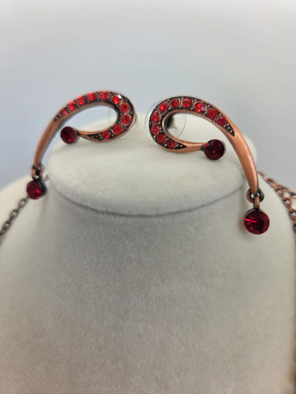 Red Crystal Crescent Drop Necklace and Earring Set, Copper Tone